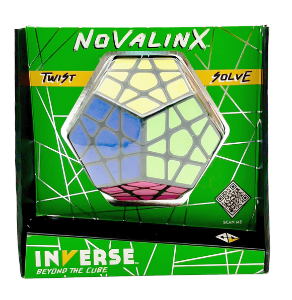 Novalinx mechanical puzzle by Project Genius, featuring a colorful hexagonal design with various shapes and colors. The packaging is green with dynamic patterns and includes instructions for twisting and solving. The product promotes interactive problem-solving and is suitable for puzzle enthusiasts.