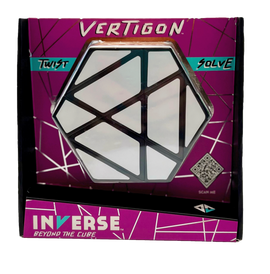 Vertigon by Project Genius is a unique mechanical puzzle featuring an intricate hexagonal design. The puzzle is showcased in a colorful box with a purple background and graphics indicating to twist and solve. It invites users to explore a challenge beyond the traditional cube with various geometric pieces and patterns.
