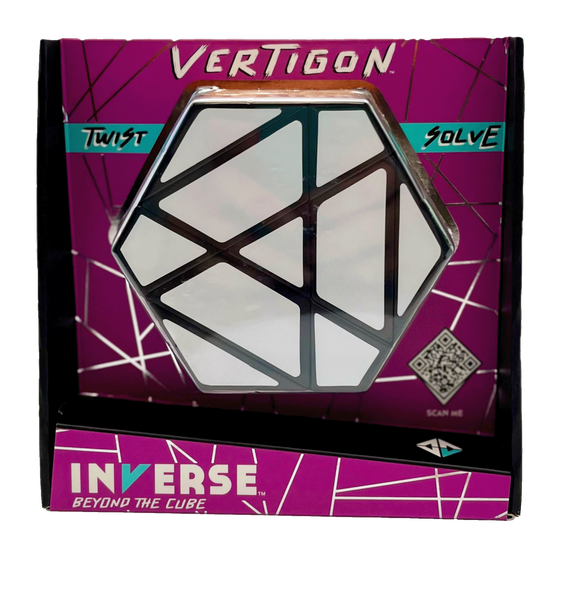 Vertigon by Project Genius is a unique mechanical puzzle featuring an intricate hexagonal design. The puzzle is showcased in a colorful box with a purple background and graphics indicating to twist and solve. It invites users to explore a challenge beyond the traditional cube with various geometric pieces and patterns.