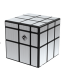 Reflecttron mechanical puzzle by Project Genius featuring a sleek, modern cube design with a polished silver surface and a black frame. The puzzle is intricately designed for challenging mechanical play, ideal for enthusiasts and collectors seeking to sharpen their problem-solving skills.
