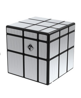 Reflecttron mechanical puzzle by Project Genius featuring a sleek, modern cube design with a polished silver surface and a black frame. The puzzle is intricately designed for challenging mechanical play, ideal for enthusiasts and collectors seeking to sharpen their problem-solving skills.