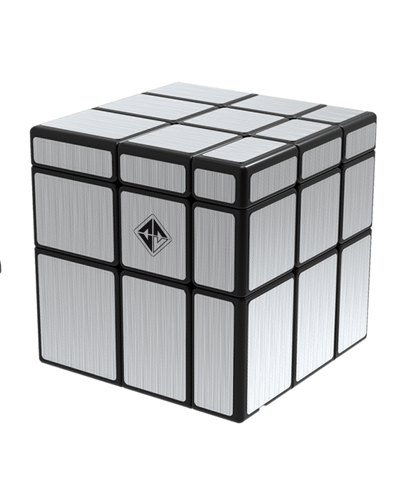 Reflecttron mechanical puzzle by Project Genius featuring a sleek, modern cube design with a polished silver surface and a black frame. The puzzle is intricately designed for challenging mechanical play, ideal for enthusiasts and collectors seeking to sharpen their problem-solving skills.