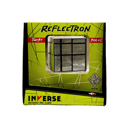 The Reflecttron mechanical puzzle by Project Genius is displayed in a vibrant green box featuring a sleek design. The puzzle has a grid layout of mirrored tiles, inviting users to twist and solve its challenges. The packaging includes the title 'Reflectron' and the logo 'INVERSE', along with a QR code for additional information.