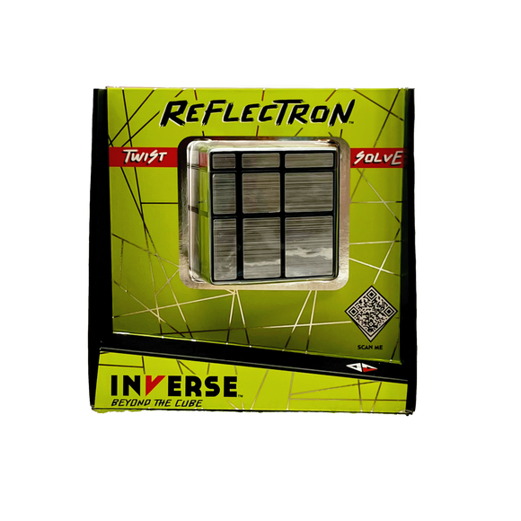 The Reflecttron mechanical puzzle by Project Genius is displayed in a vibrant green box featuring a sleek design. The puzzle has a grid layout of mirrored tiles, inviting users to twist and solve its challenges. The packaging includes the title 'Reflectron' and the logo 'INVERSE', along with a QR code for additional information.