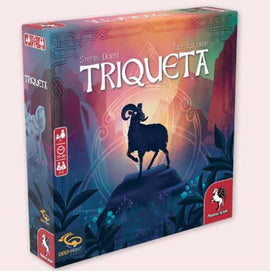 The box of the Triqueta game, featuring a mystical landscape with a silhouette of a goat against a colorful backdrop. The title 'TRIQUETA' is prominently displayed on the front, along with the names of the designer and publisher. The packaging includes artistic designs and symbols, indicating its theme and gameplay mechanics.