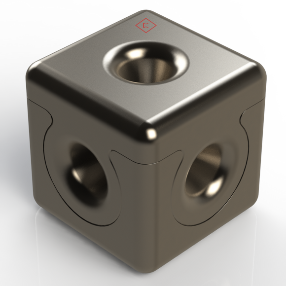 A sleek, metallic mechanical puzzle in the shape of a cube, featuring smooth surfaces and rounded edges. The puzzle has multiple round openings on its sides, inviting users to engage in a challenging problem-solving experience. It's designed for enthusiasts looking to enhance their cognitive skills and enjoy hands-on entertainment.