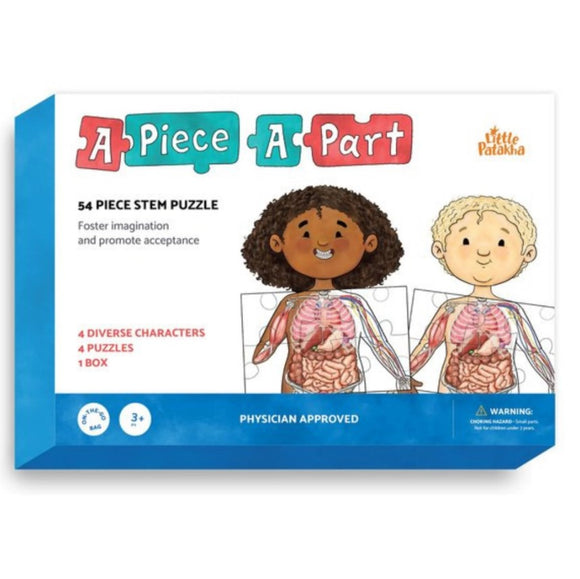 A Piece A Part Anatomy Jigsaw by Little Patakha featuring a colorful box design. The puzzle includes 54 pieces illustrating diverse characters and their anatomy, promoting STEM education and creativity. The packaging showcases two characters with highlighted anatomical systems, emphasizing inclusion and learning through play.