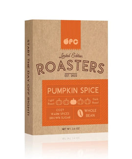 Roasters V2 Pumpkin Spice Playing Cards by OPC, featuring a cozy design and warm color palette with pumpkin spice elements. The packaging showcases light and dark roast options as well as highlighted flavors like warm spices and brown sugar.