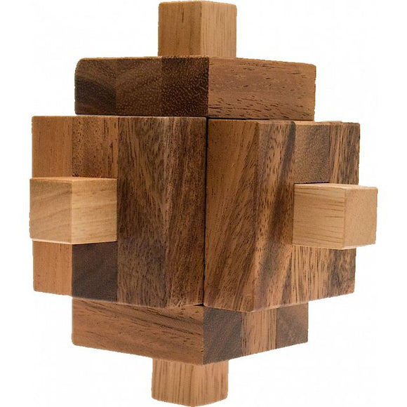 A detailed view of the Keyholes mechanical puzzle designed by Tom Jolly. The puzzle features an intricate arrangement of geometric wooden blocks in various shades of brown, creating a three-dimensional structure that poses a challenge to the user. Its smooth finishes and precise cuts highlight craftsmanship, making it a visually appealing and engaging puzzle for enthusiasts.