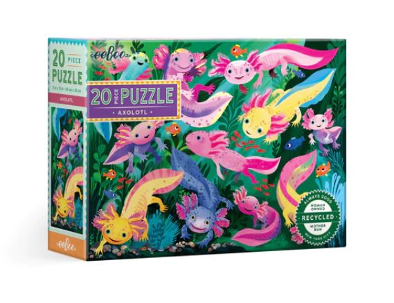 Colorful 20-piece jigsaw puzzle featuring whimsical axolotls and vibrant underwater scenes. Perfect for children's play and creativity. Made by Eeboo.