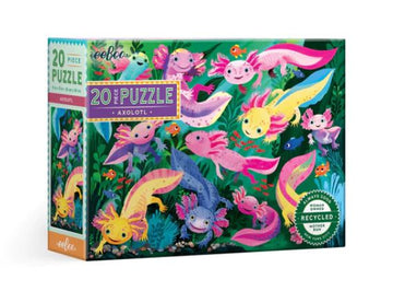 Colorful 20-piece jigsaw puzzle featuring whimsical axolotls and vibrant underwater scenes. Perfect for children's play and creativity. Made by Eeboo.