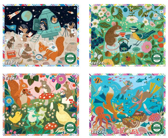 A vibrant collection of four jigsaw puzzles by Eeboo featuring whimsical animal scenes. The top left shows animals exploring outer space, the top right depicts a mouse and a bird sharing tea among flowers, the bottom left illustrates forest animals playing instruments, and the bottom right features an underwater scene with colorful fish and sea creatures. Each design is rich in color and detail, perfect for puzzle enthusiasts of all ages.