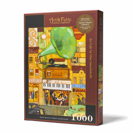 Art Cafe Velvet Puzzle by Art & Fable Puzzle Co, a 1000-piece jigsaw puzzle with a luxurious velvet-touch surface. Features a vibrant scene with a gramophone and café life, showcasing intricate details and colors. Perfect for puzzle enthusiasts and art lovers.