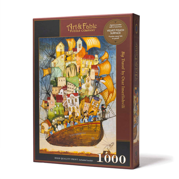The Big Travel Velvet Touch jigsaw puzzle by Art & Fable Puzzle Co features a colorful and whimsical illustration capturing a ship filled with travelers and vibrant architecture. The box displays a 1000-piece puzzle with a luxurious velvet-touch surface, promising an enjoyable puzzle experience. A high-quality print is included within the package.