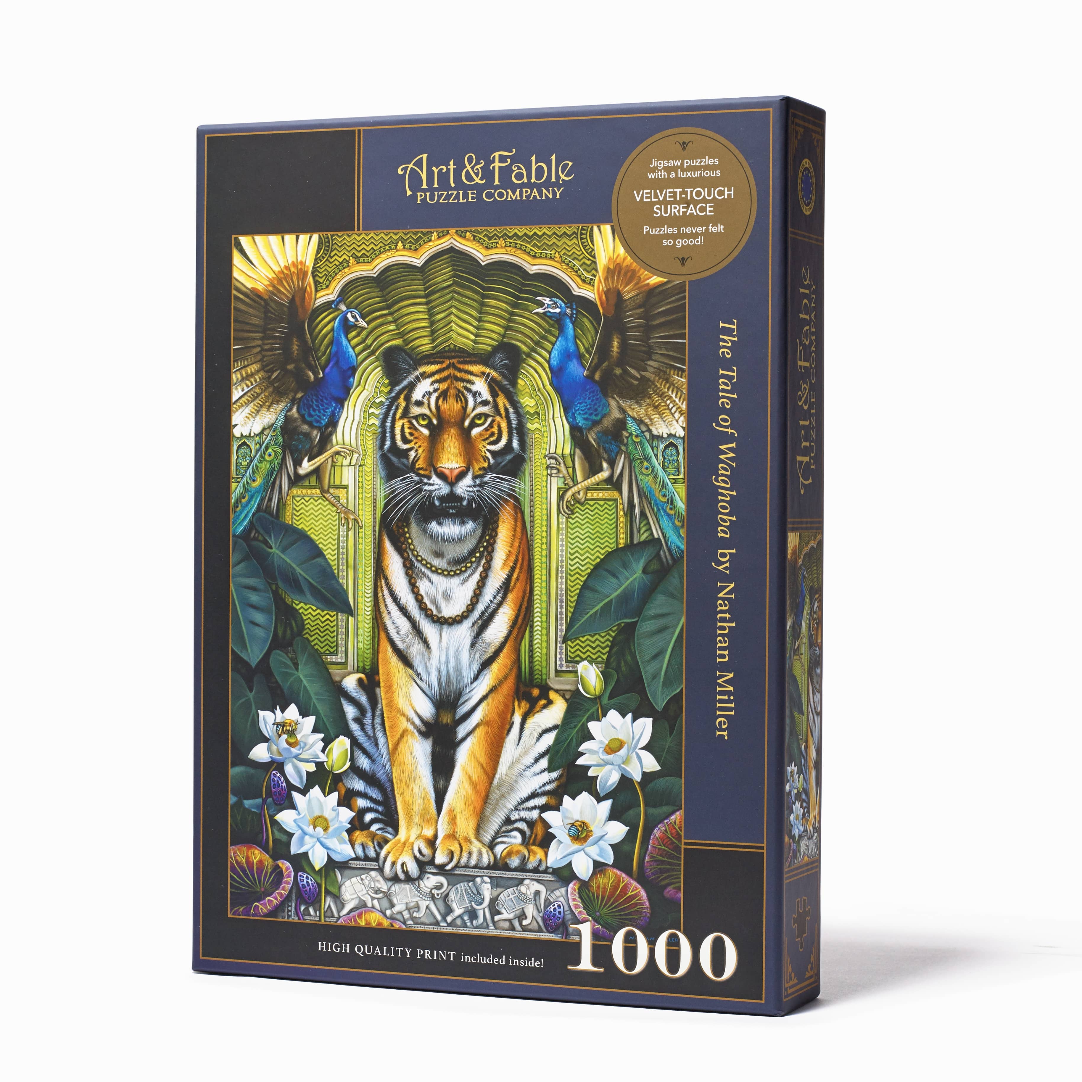 The Tale of Waghoba Velvet Puzzle by Art & Fable Puzzle Co features a stunning illustration of a tiger surrounded by peacocks and tropical leaves. The packaging highlights its luxurious velvet-touch surface and includes a high-quality print. This jigsaw puzzle consists of 1000 pieces, perfect for challenging puzzle enthusiasts and art lovers alike.