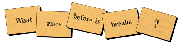 The game 'Smug Owls' by Runaway Parade Games features a creative layout of cards with a whimsical question: 'What rises before it breaks?' These cards, designed with a vintage touch, add a playful element to the game, inviting players to engage in fun and strategic gameplay.