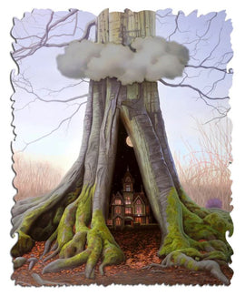 A jigsaw puzzle titled 'Interpretations Of Home' by Artifact Wooden Puzzles, featuring a whimsical illustration of a large tree with a hollow trunk revealing a quaint house under a night sky, surrounded by intricate roots and autumn leaves.