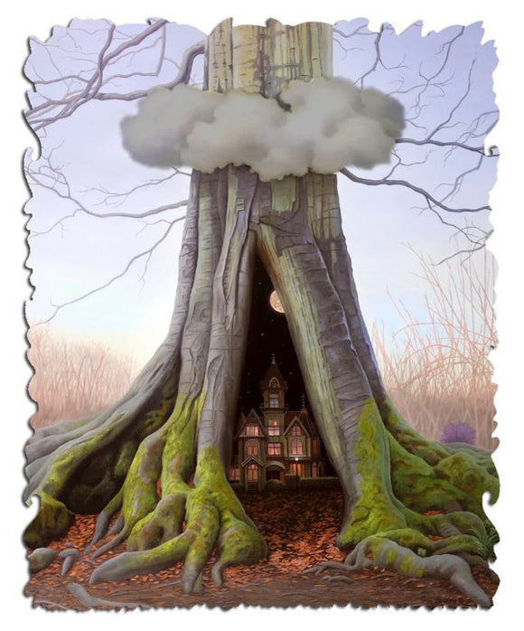 A jigsaw puzzle titled 'Interpretations Of Home' by Artifact Wooden Puzzles, featuring a whimsical illustration of a large tree with a hollow trunk revealing a quaint house under a night sky, surrounded by intricate roots and autumn leaves.