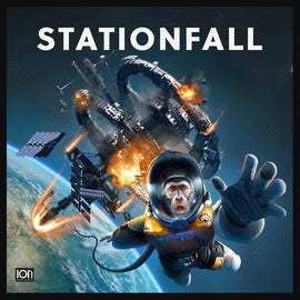 The game 'Stationfall' by Ion Game Design features a dramatic space scene with a monkey in an astronaut suit reaching out from a spaceship. The background shows a damaged space station with explosions and debris scattered in space, emphasizing a thrilling and adventurous atmosphere.