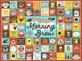 A colorful jigsaw puzzle titled 'Morning Brew' by True South Puzzles, featuring a world coffee tour design. The puzzle displays various coffee types and beverages from around the globe, including espresso from Italy, flat white from Australia, and spiced coffee from Morocco. Each square showcases unique artwork related to a specific country's coffee culture, surrounded by a vibrant border with coffee-related imagery.