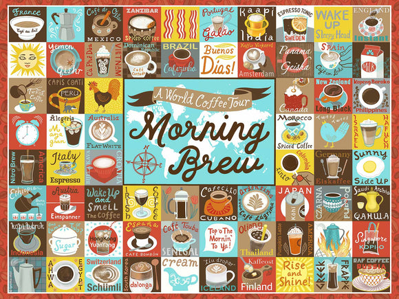 A colorful jigsaw puzzle titled 'Morning Brew' by True South Puzzles, featuring a world coffee tour design. The puzzle displays various coffee types and beverages from around the globe, including espresso from Italy, flat white from Australia, and spiced coffee from Morocco. Each square showcases unique artwork related to a specific country's coffee culture, surrounded by a vibrant border with coffee-related imagery.