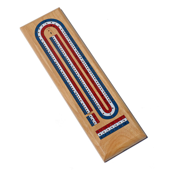 A beautifully crafted wooden cribbage board featuring three tracks in vibrant red, white, and blue colors. The board includes clearly marked scoring holes and is designed for classic cribbage gameplay.