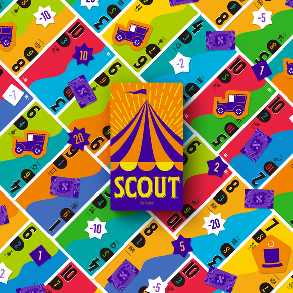 The game 'Scout' by OINK GAMES features a vibrant and colorful design with a circus tent on the cover. Surrounding cards showcase playful illustrations with numbers, score markers, and special icons, creating a lively and engaging atmosphere ideal for family fun.