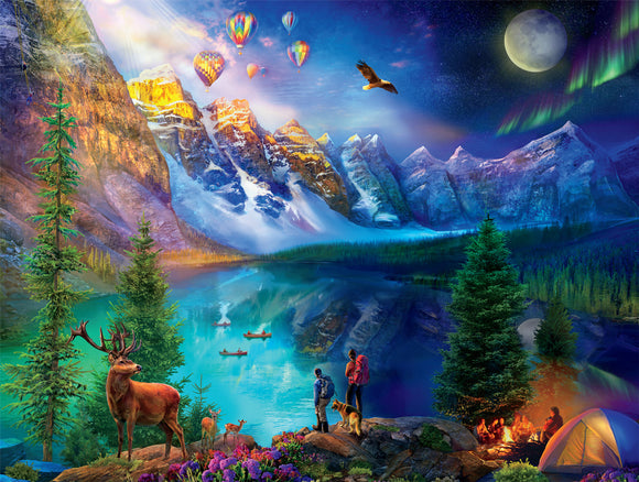 A beautiful jigsaw puzzle featuring a vibrant scene at Lake Moraine. The landscape includes majestic mountains, colorful hot air balloons in the sky, a serene lake, and rich greenery. Wildlife, including a deer and a dog, can be seen near campers enjoying a fire. The sky is illuminated by northern lights and a bright moon, creating a magical stargazing atmosphere.