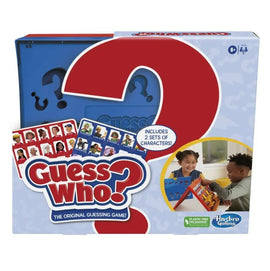 The Guess Who 2.0 game box, featuring the iconic red question mark logo, displays images of the characters included in the game. It shows two children playing, engaged in a guessing game. The box highlights that it includes two sets of characters, making it inviting for family-friendly fun.