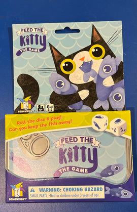 The game 'Feed the Kitty' by Gamewright features a colorful packaging with a playful cartoon cat holding fish. The box highlights gameplay instructions, including rolling dice to keep fish away. Recommended for 2-5 players aged 4 and above.