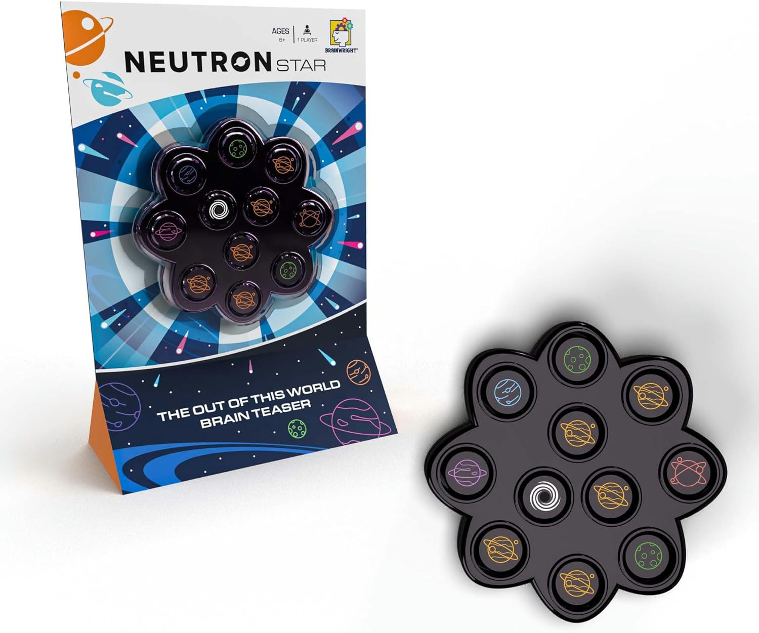 Neutron Star mechanical puzzle by Brainwright displayed in its colorful packaging. The puzzle features a flower-shaped design with various planet-themed pieces arranged around a central spiral, promoting logical thinking and engagement for players aged 8 and up.