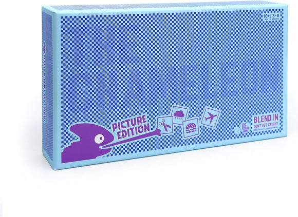 The Chameleon: Pictures Edition by Big Potato Games is a fun and engaging party game designed for 3 to 8 players. The game box features a vibrant blue design with a playful chameleon illustration, alongside various picture cards depicting different objects and themes, promising laughter and strategic thinking.