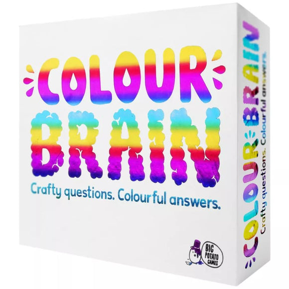 The Color Brain game box by Big Potato Games, featuring vibrant, rainbow-colored typography. The top displays the title 'Colour Brain' in bold letters, with a tagline 'Crafty questions. Colourful answers.' on the front, inviting players to engage in a colorful quiz experience.