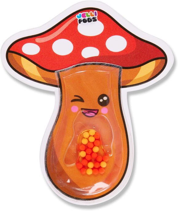 A colorful Jelli Pods Mushroom toy by Buffalo Games featuring a smiling face. The mushroom design is primarily orange with a red cap adorned with white polka dots. Inside, it contains small colorful balls that can be moved around, providing a fidgeting experience.