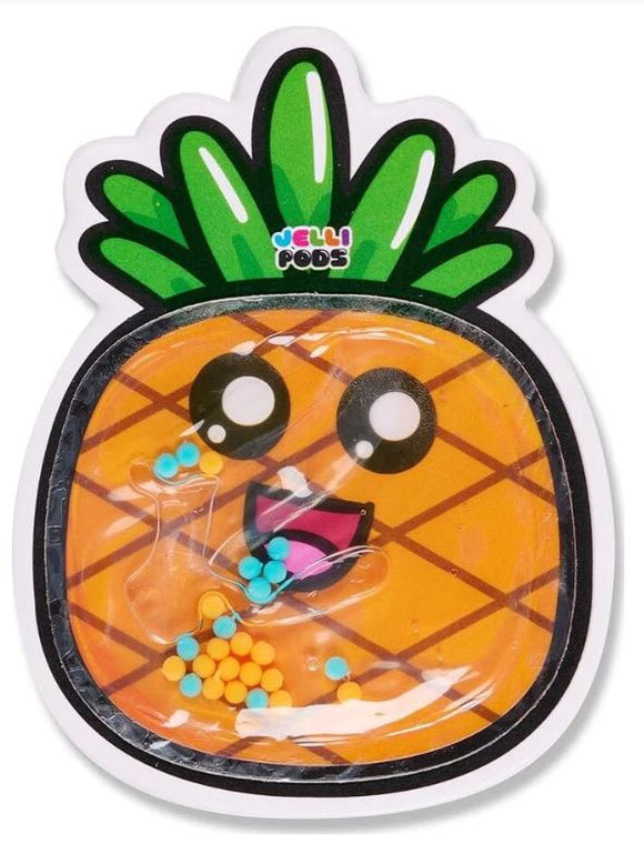 A colorful and playful Jelli Pods Pineapple in a vibrant design, resembling a cartoon character with big expressive eyes and an open mouth. This sensory toy features small, colorful beads inside that can be squished and manipulated for tactile enjoyment. The pineapple's green leaves are prominently displayed at the top.