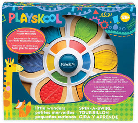The Spin-A-Swirl game by PlaySkool features a colorful spinning center that allows children to interact with vibrant textures and playful animal designs. The packaging exhibits a circular arrangement with bright primary colors, showcasing various fun textures and critters that kids will love. Ideal for toddlers aged 12 months and older.