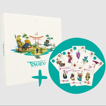 Tokaido 10th Anniversary Edition game box featuring a colorful illustration of a scenic landscape with traditional Japanese elements. A set of character cards displayed beside the box, showcasing various unique game characters with vibrant artwork.