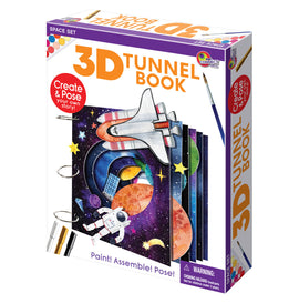 The 3D Tunnel Book - Space set by Eye Connect Crafts features colorful illustrations of a spaceship, planets, and an astronaut. The kit includes components for creating a layered tunnel book, encouraging creativity and storytelling. It displays the packaging showcasing painting tools and the 'Create & Pose your own story!' slogan, making it a perfect DIY project for kids and families.