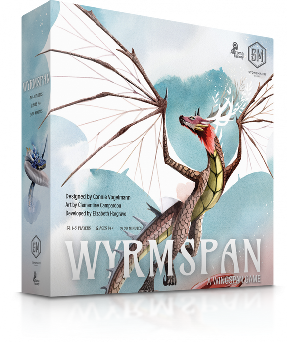 Wyrmspan game box by Stonemaier Games featuring a beautifully illustrated dragon with intricate wings against a watercolor background. The box highlights key details including player count (1-5 players), age recommendation (14+), and gameplay duration (90 minutes). Designed by Connie Vogelmann with art by Clementine Campardou.