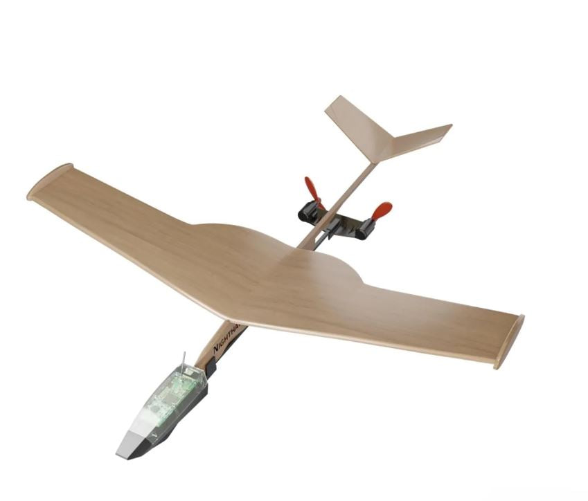 PowerUp Tornado Updraft kit featuring a lightweight wooden airplane model designed to be powered by a smartphone. The model has an innovative propeller and wings, ideal for outdoor flying and educational purposes.