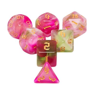 A vibrant Superbloom RPG Dice Set by Foam Brain Games, featuring six uniquely designed polyhedral dice in shades of pink, green, and gold, perfect for tabletop gaming enthusiasts.