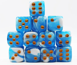 A vibrant set of 12 pip D6 dice, featuring a beautiful Cirrus Glitter design in shades of blue and white. Each die is adorned with sparkling golden pips, arranged in a pyramid structure for an eye-catching display. Ideal for tabletop games, these dice blend style and functionality.