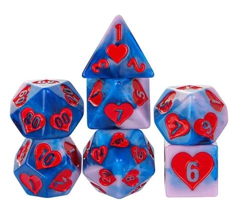 A colorful RPG dice set titled 'Love is in the Air' by Foam Brain Games. The set includes various polyhedral dice featuring a marbled blue and pink design with red heart symbols and numbers. The unique shapes include a tetrahedron, dodecahedron, and cubes, adding a whimsical touch to any tabletop gaming experience.