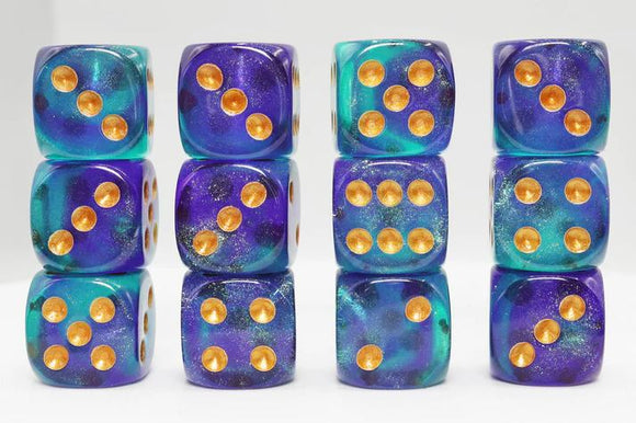 A colorful set of 12 pip D6 dice featuring a mix of purple and teal colors with golden dots. The dice are stacked in two sets, showcasing their vibrant design, perfect for tabletop games and role-playing.