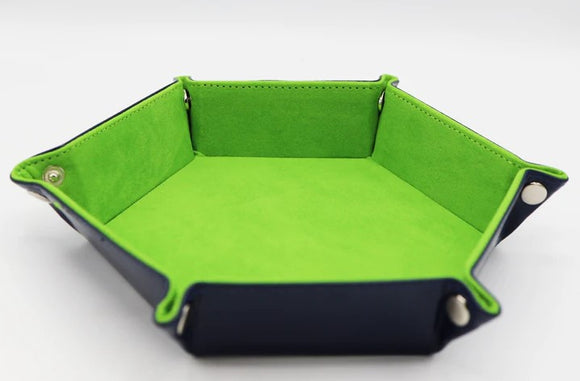 A vibrant Lime Leatherette and Velvet Dice Tray featuring a hexagonal shape. The exterior is crafted from high-quality lime leatherette, complemented by a soft green velvet interior, perfect for gaming enthusiasts. The tray is designed to keep dice secure and organized during gameplay, with sturdy sides and stylish snap closures.