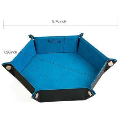 Hexagonal dice tray made of blue leatherette and soft velvet, measuring 9.76 inches wide and 7.28 inches deep with a height of 1.65 inches. Ideal for keeping dice organized during tabletop games.