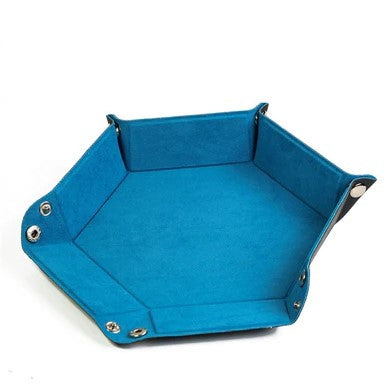 A blue leatherette and velvet dice tray with a hexagonal shape. The tray features a soft velvet interior and sturdy sides that can be fastened with snaps. Ideal for organizing and rolling dice during board games, this stylish accessory combines functionality with elegance.