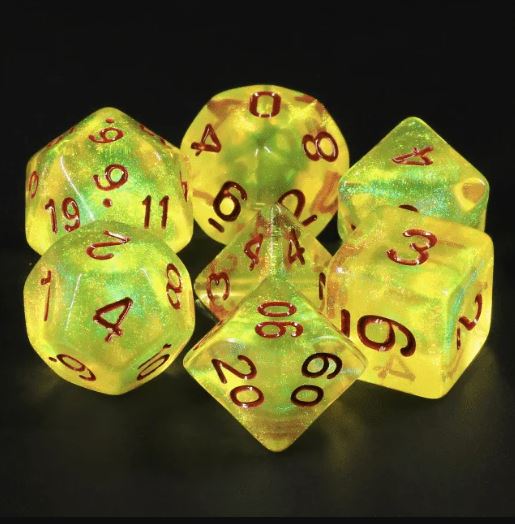 A vibrant Limelight RPG Dice Set featuring six polyhedral dice in a luminous yellow color with sparkling effects and red numbers. The set includes various shaped dice perfect for tabletop role-playing games, showcased on a dark background.