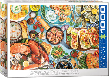 The Seafood Table jigsaw puzzle by Eurographics features a vibrant collage of delicious seafood dishes. The image showcases an array of food including lobsters, shrimp, oysters, tacos filled with seafood, and various garnishes like lemon slices and herbs. The artistic arrangement captures the essence of a seafood feast, making it a delightful visual experience for puzzle enthusiasts and food lovers alike.