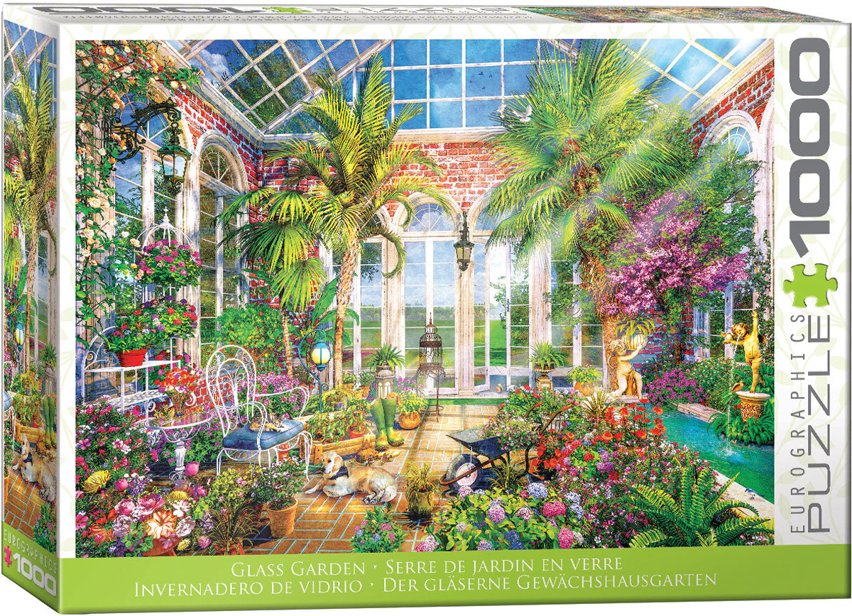 Eurographics Glass Garden jigsaw puzzle featuring a vibrant greenhouse filled with colorful flowers, lush greenery, and charming seating. The scene showcases beautiful details of nature and indoor gardening, making it an ideal choice for puzzle enthusiasts who appreciate intricate designs and serene landscapes. The box displays a clear image of the completed puzzle, highlighting its 1000-piece challenge.